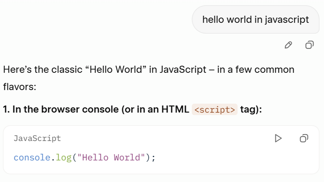 Clean code-snippet style hero image with hello world in javascript prompt