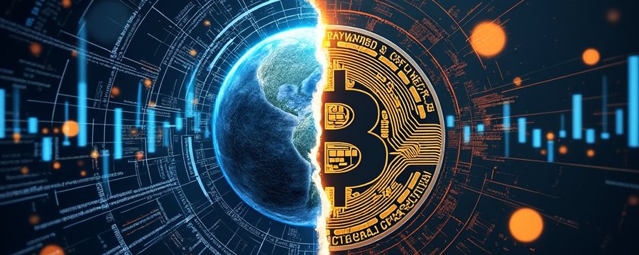 Split world and Bitcoin coin hero image showing DeFi versus TradFi payments